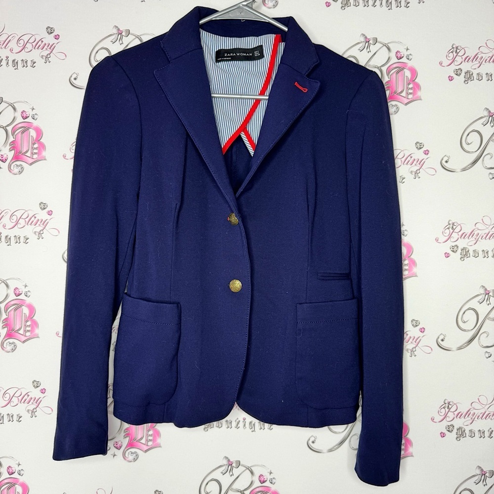 Zara woman Navy Blue jacket sweater Blazer buttons nautical red striped